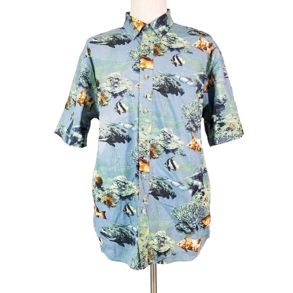 Reel Legends Button Up Men Large Blue Fish All Over Print Hawaiian Short Sleeve